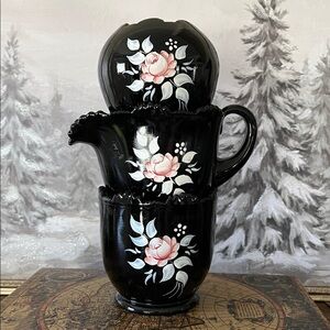 Vintage Pilgrim Glass Black Amethyst Hand-Painted Vase & Covered Jar Set 3 Pc